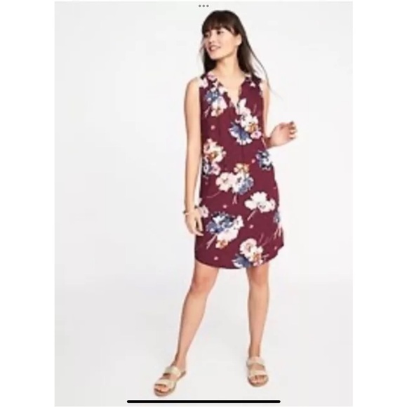 Old Navy Womens Small Dress Shift Burgundy Floral Print V Neck Tie Neckline - Picture 2 of 12
